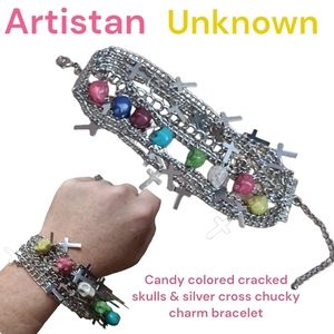 Women Candy Colorful color cracked skull silver cross Mult strand charm bracelet
